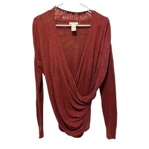 Soft Surroundings Draped Faux Wrap Long Sleeve Top Small Maroon Cotton Linen